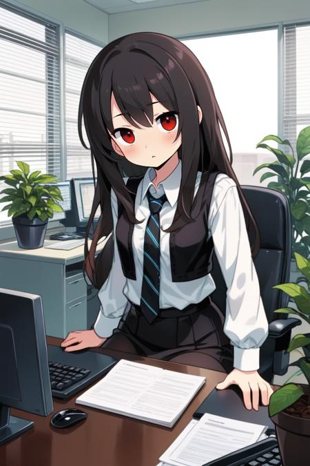 ultra detailed kawaii animation, 1girl, solo, pantyhose, shirt, long hair, white shirt, black hair, chair, monitor, sitting, desk, keyboard (computer), skirt, red eyes, black skirt, collared shirt, long sleeves, plant, black vest, looking at viewer, office chair, blinds, vest, paper, black pantyhose, cup, indoors, hair between eyes, computer, holding, potted plant, pen, book, mouse (computer), window, bangs, breasts, phone, necktie