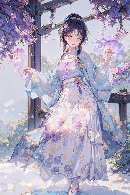 masterpiece, professional lighting, photon mapping, radiosity, physically-based rendering,1girl, full body,absurdres, highres, skyline, beautiful detailed sky, covered nipples, large breasts,(song style outfits, light blue short shan, translucent white pleated skirt, (purple floral songmo:1.2):1.2),<lora:hanfu_song_v31:0.55>,yellow eyes,<lora:eyesgenLoraWIP_v1:0.4>,