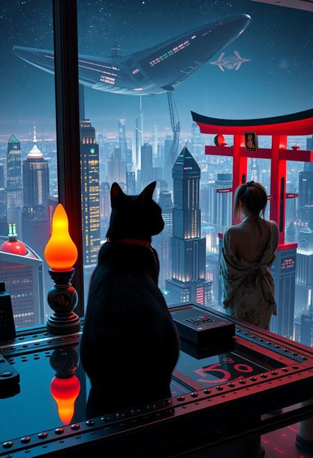 A sleek black cat with red collar sits on a cluttered metal riveted desk with transparent top and rgb led computer components visible inside, On the desk are a maneki neko statue and a lava lamp, the Black Cat is looking out of a seamless and futuristic floor to ceiling window that looks out at thousands of enormous wide and tall futuristic skyscrapers from a large window in a descending spaceship, a beautiful woman, 24 years old, is standing next to the cat looking out at the enormous city at night, filled with buildings of many shapes and sizes, some over a mile tall))), the woman is dressed in an ornate Japanese style bath robe. An enormous deco starship with futuristic lighting and design is visible high above the city, and a space station is visible in the background among the stars, The woman's hair is messy from just waking up and tied up with a ribbon. Artistic cyberpunk, dynamic perspective, (((overall architectural aesthetic is Art Deco Cyberpunk))).  (((A large futuristic building shaped like a torii gate stands among the enormous tokyo structures,))), (((wide angel view of apartment adorned with cyberpunk art deco designed furniture and art))).  ALL BUILDINGS ARE SHAPED LIKE CATS (MANEKI NEKO),