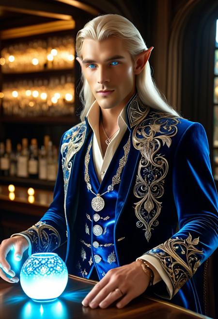 DonM3lv3sXL, lazypos
rating: safe,  (magical, whimsical, fairytale, fantasy), strikingly handsome elven man with chiseled features and piercing blue eyes, long flowing silver-blond hair with an ethereal shimmer, elegantly lounging in a luxurious, dimly lit enchanted bar, wearing an intricately embroidered midnight-blue velvet coat with silver filigree patterns, high-collared dark silk shirt with arcane runes subtly woven into the fabric, tailored waistcoat with celestial embroidery, silver cufflinks shaped like crescent moons, warm golden lighting reflecting off the polished bar, plush velvet seating, enchanted glassware glowing faintly with mystical energy, ambient magical wisps drifting through the air, his gaze intense and enigmatic, exuding confidence and mystery, a classic crystal goblet resting on the table beside him filled with a shimmering, otherworldly elixir, sophisticated yet surreal atmosphere blending fantasy and allure