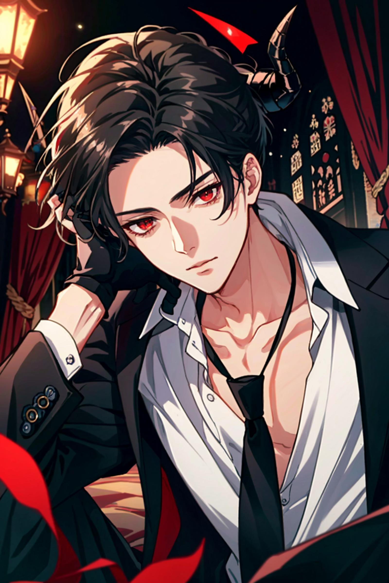 anime boy with black hair and red eyes