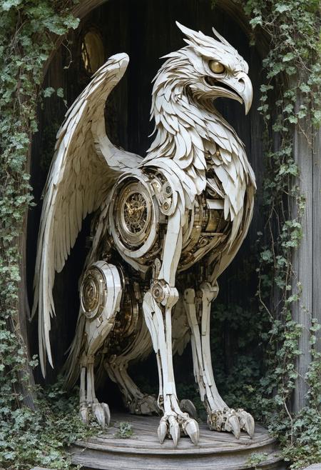 A colossal, intricately carved wooden automaton, resembling a mythical griffin, stands motionless within a forgotten clockwork garden. Moonlight filters through the overgrown hedges, casting long, skeletal shadows across the polished wood and revealing the complex inner workings visible through transparent panels. Style of Hayao Miyazaki meets H.R. Giger, blending whimsical fantasy with biomechanical elements. Cool grays, blues, and greens dominate, with accents of warm brass and the soft glow of internal gears. Highly detailed, volumetric lighting, cinematic composition, sense of mystery and melancholic beauty.