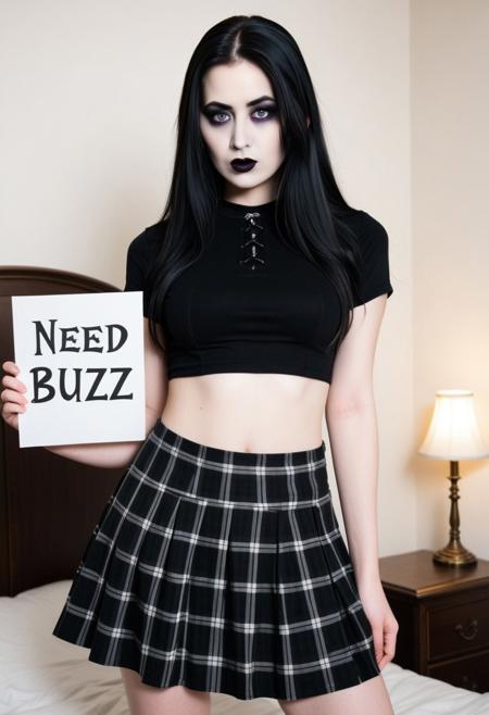 score_9, score_8_up, score_7_up. 1girl, Mid thirties, high-resolution photograph featuring a photo of a young woman, black short-sleeved crop top, black lipstick, long straight black hair, plaid mini skirt, pale skin, victorian bedroom, casual, goth style, medium shot, soft lighting, slightly shadowed, confident expression, dark eye makeup, high quality, full body, holding a sign that says "Need Buzz"