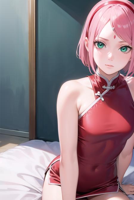 sakuraharuno, <lyco:sakuraharunov2-lyco-nochekaiser:1>,
sakura haruno, short hair, bangs, (green eyes:1.5), pink hair, hairband, facial mark, (forehead mark:1.2), red hairband, (swept bangs:1.5), (small breast:1.2),
BREAK chinese clothes, dress, (red dress:1.3), short skirt, black shorts, gloves, black gloves, sleeveless,
BREAK looking at viewer,
BREAK indoors, bed,
BREAK <lyco:GoodHands-beta2:1>, (masterpiece:1.2), best quality, high resolution, unity 8k wallpaper, (illustration:0.8), (beautiful detailed eyes:1.6), extremely detailed face, perfect lighting, extremely detailed CG, (perfect hands, perfect anatomy),