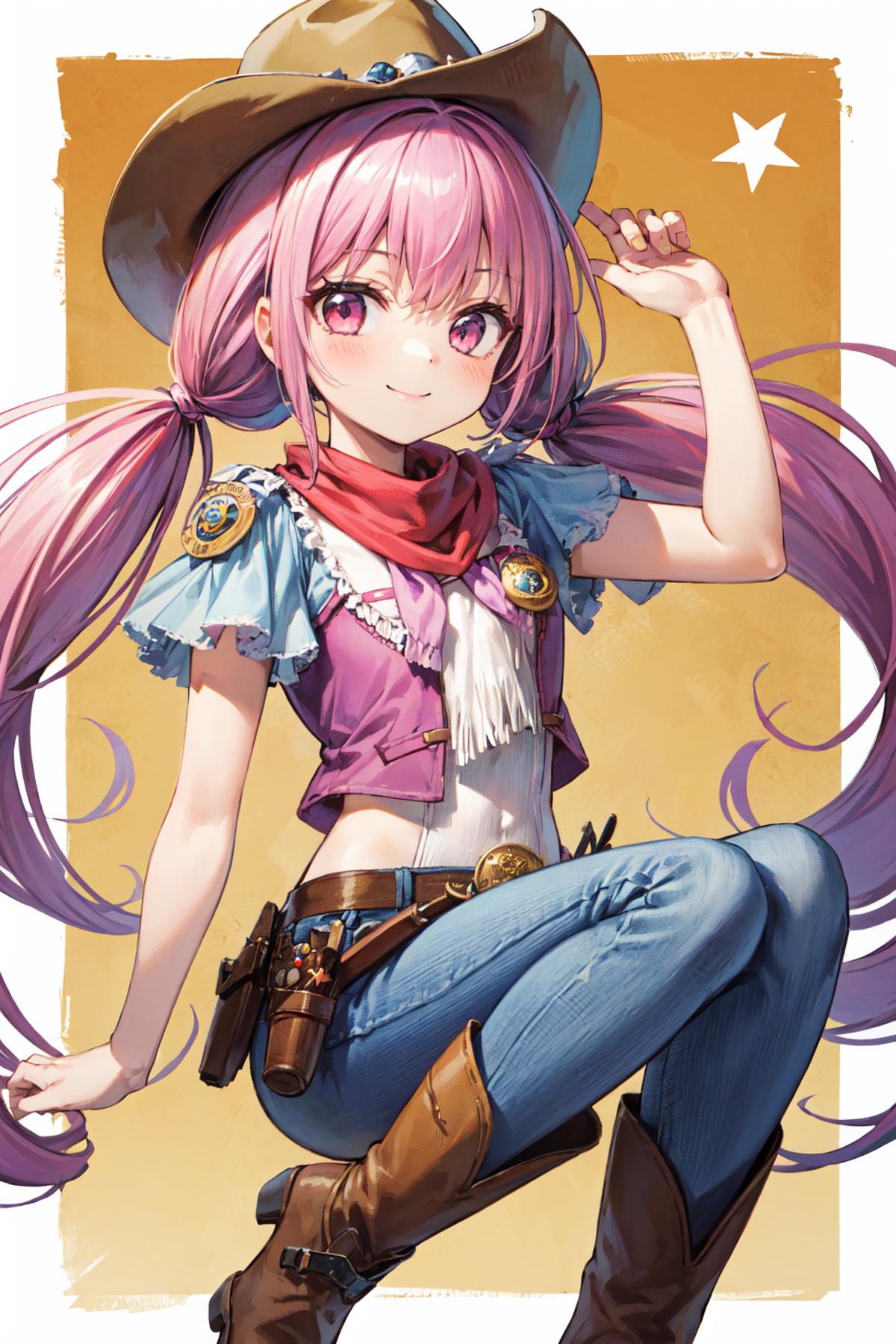 Anime girl with pink hair wearing a cowgirl outfit and holding a gun.