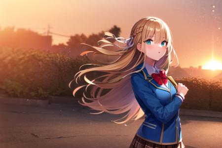 tsukasa, red bowtie, braid, 1girl,  blonde hair,  white hair ribbon, masterpiece, best quality, 1girl, blue jacket,  white shirt,  school uniform, black striped pantyhose, plaid skirt,   brown skirt, black pantyhose, pleated skirt,  absurdres, sunset, playing, <lora:tsukasa:0.8>