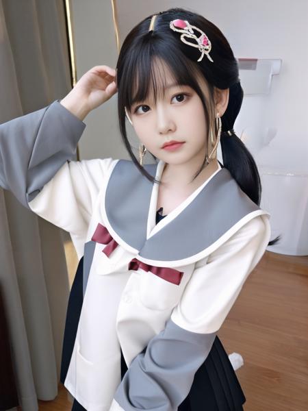 best quality, (photorealistic:1.4), 1girl, solo, shiny skin, detailed face, face focus, standing, black hair,(hair ornament:1.35), twin tails, detached sleeves, ribbon trim, wide sleeves, (looking at viewer:1.5) long hair, black eyes, bangs, underwear, lips, school uniform