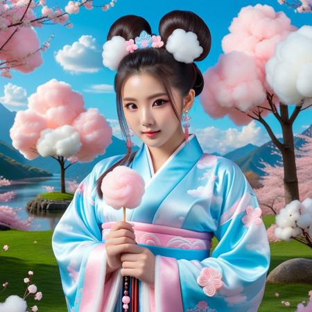 cottoncandy, 1girl, Asian, branch, cherry blossoms reimagined with cotton candy inspired petals, Chinese clothes made out of cotton candy, soft lighting, collarbone, day, dress made out of cotton candy, pastel pink and blue hues, cotton candy earrings, flower crafted from spun sugar, grass, hair bun adorned with fluffy cotton candy, cotton candy inspired hair flower, hair ornament resembling soft sugar tufts, hanfu with intricate cotton candy designs, jewelry, long hair, long sleeves with airy sugar patterns, looking at viewer with serene expression, makeup, mountain, soft candy textures, nature with cotton candy inspired elements, outdoors with glowing pastel accents, petals resembling fluffy candy clouds, brown and white hanfu adorned with cotton candy swirls, river with surreal spun sugar reflections, single hair bun, sitting gracefully, sky with glowing cotton candy inspired hues, sleeves past wrists with intricate cotton candy patterns, solo, tree made out of cotton candy, water with soft sugar inspired ripples, wide sleeves with sugary textures, yellow, pink, and blue robe with cotton candy patterns, yokozuwari.