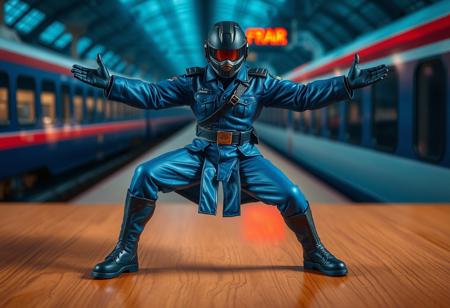 Agent of Judgment warrior on warm wooden surface. Dynamic pose, outstretched arms, legs apart. Blue uniform, black helmet visor, belt, boots. Super Express Bullet Train in background. Ultra-detailed collectible photograph, sharp focus, cinematic studio lighting, macro shot, photorealistic, trending on Artstation, cgsociety.