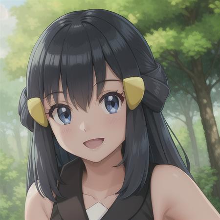 <lora:character_pokemon_dawn_v1:0.5> forest, 1girl, character_pokemon_dawn, solo, portrait, looking at viewer, smile, hairclip, sleeveless shirt, black shirt