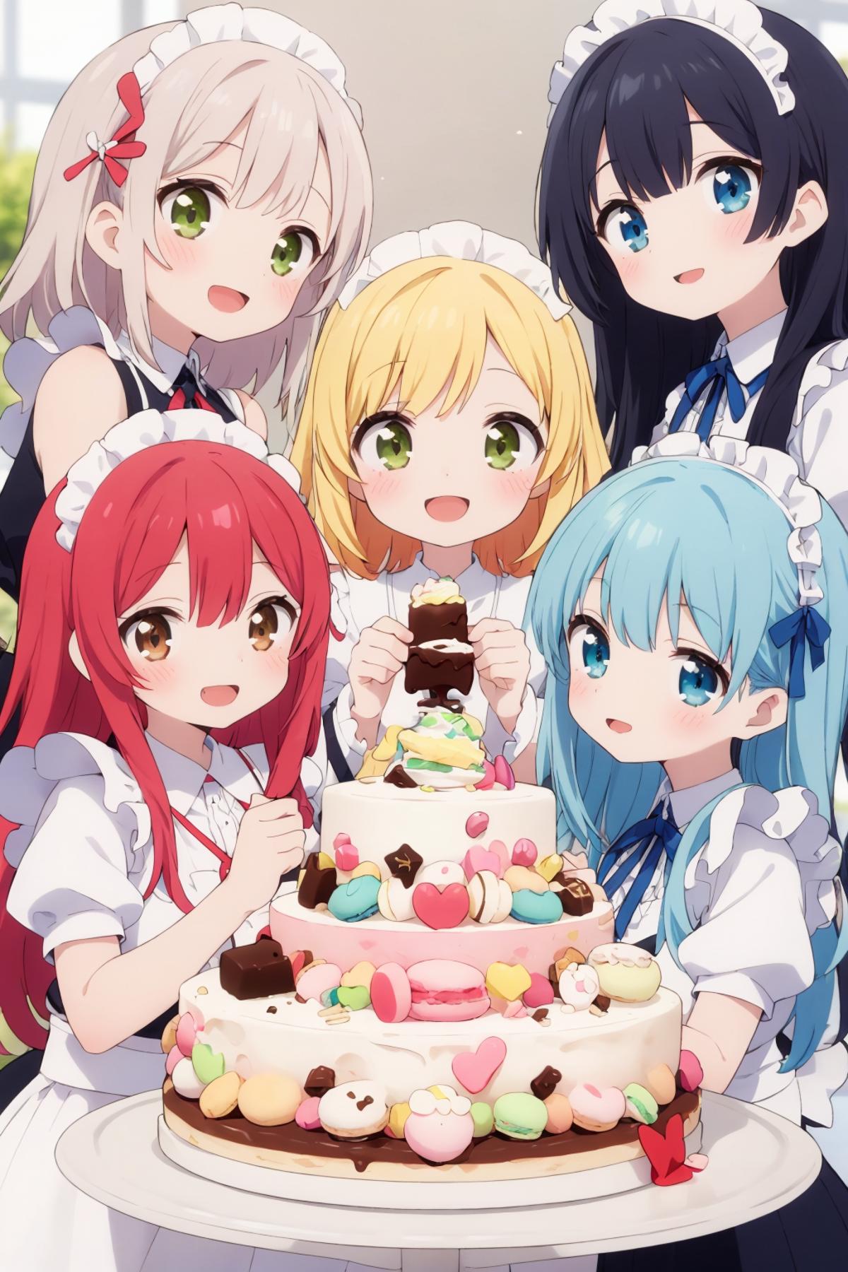 A group of little girls posing with a cake.