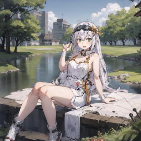 masterpiece, best quality,1girl,wedding dress,peeping,pond,in summer, raised fist,goggle,silver hair,green eyes, smile,