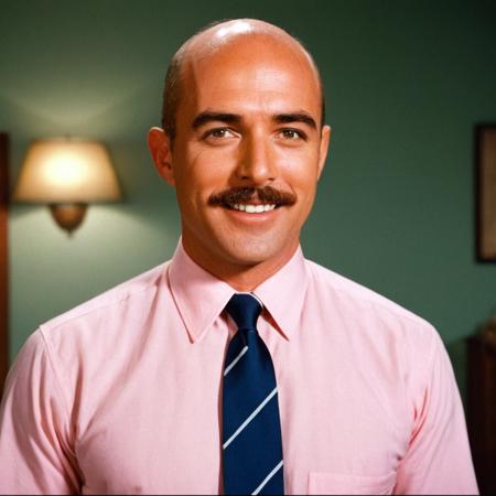 UHD, 4k, ultra detailed, cinematic, a photograph of  <lora:kodachrome xl v1:0.9>
In 1950's a cinematic Kodachrome Technicolor motion picture of a medium shot of a surprised smiling short hair bald man in a pink shirt and tie and funny mustache, perfect image, perfect body, perfect anatomy, sharp image, detailed image, Kodak film style, high quality photography, Kodachrome style, Technicolor style, 1950's style, Technicolor Monopack style, 16mm, 8mm, Super 8 movie, 35mm movie style, film color style, cinematic photography style, analog photography style, cinematic film color style, deep color style, different character, different background, different picture, Eastman Kodak style, K-14 process style, Color slide style, film skin tone style, different color, solo, looking at viewer, shirt, black hair, brown eyes, jacket, upper body, necktie, indoors, facial hair, formal, suit, blue necktie, mustache, closed mouth, white shirt, collared shirt, blurry, blurry background, portrait, pink jacket, striped, striped necktie, Kodachrome color style, epic, beautiful lighting, inpsiring