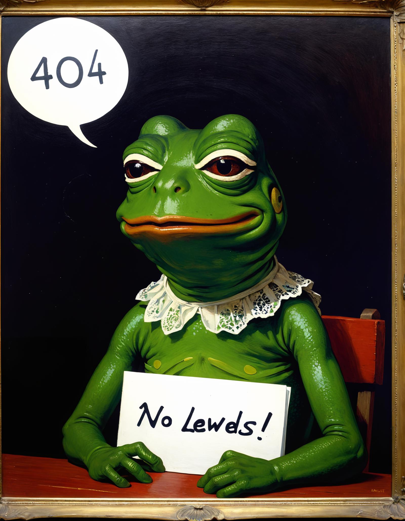 A frog is holding a sign that says "No Lewds!"