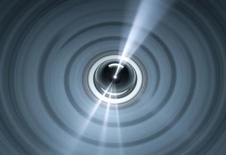 A chrome and silver beam hitting a human 100 metres away. The beam is about 1 metre thick and surrounded by multiple concentric grey and white circles of varying diameter