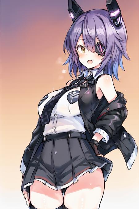 photo of a iom girl, 1girl, solo, cowboy shot, outdoors, <lora:tenryuuKaiNi_:0.5>, tenryuu kai ni \(kancolle\) ,1girl, black gloves, black jacket, black skirt, black thighhighs, breast pocket, checkered necktie, collared shirt,eyepatch lift, fur-trimmed jacket, fur trim, gloves, headgear, high-waist skirt, jacket, necktie, partially fingerless gloves, pleated skirt, pocket, purple hair, shirt, short hair, skirt, sleeveless, sleeveless shirt, white shirt ,yellow eyes, open jacket