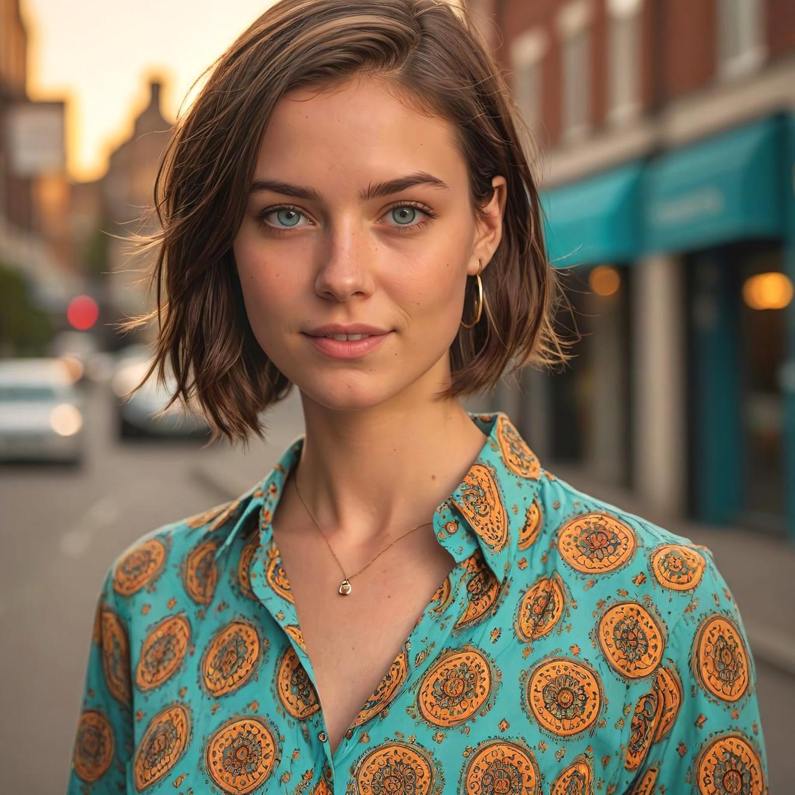 A young woman wearing a turquoise shirt with a brown pattern is standing in front of a blue building.