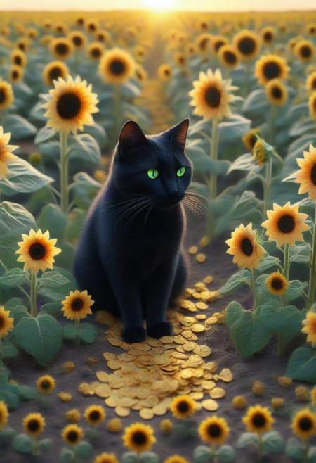Anime art, dim light, low key, chiaroscuro. A sleek black cat, its fur a mosaic of dark, seasoned potato chips, prowls through a field of sunflowers at sunset. The blooms, crafted from golden, crispy chips, sway gently. The cat’s chip-textured body gleams in the fading light, its luminous green eyes reflecting the fiery sky. Each step is deliberate, weaving between chip-formed stalks with feline grace, half-shadow, half-light.
Sharp beams of gold slice through the dense chip stems, illuminating patches of soil and petals, while shadowy alcoves cradle the field’s mysteries. The cat’s sinuous, chip-layered form stands out against the muted yellow petals, creating a harmony of softness and sharp twilight shadows. It pauses, chip-formed ears flicking toward a distant rustle as the sky bleeds from gold to indigo. Its whiskers, delicate shards of light-colored chips, catch the faint glow, shimmering like silver threads. Amid the towering chip sunflowers, the cat embodies grace and mystery—a fleeting presence in a timeless field, where light and shadow dance endlessly.