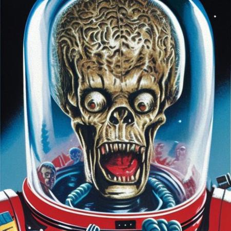 a portrait painting an alien in a clear space suit helmet  in the style marsattacks, highly detailed