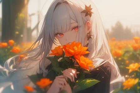 ((masterpiece)),(8k cg wallpaper),best quality,beautiful detailed, ultra-detailed,
1girl, solo, orange eyes, looking at viewer, long hair, white hair,black hair, gradient hair, flower, blurry, orange flower,bangs,parted lips, depth of field,
<lora:niji_3w_1ep:1.2>