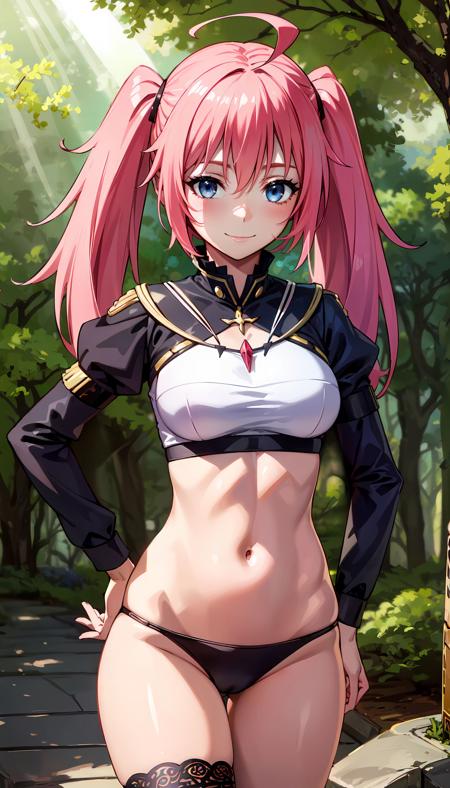 pink hair long hair twintails (white crop top) black sleeves black panties blue eyes ahoge one thighhigh one garter