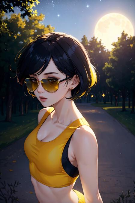 from_above, crop top, detailed face, yellow bodycon tank top, hair, park, sky, trees, pale skin, moonlight, stars, 1girl, statement sunglasses, woman,petite, vivid colors, bokeh background, subject for emphasis,dramatic colors,, dark, rim lighting, two tone lighting, dimly lit, low key, ,<lora:epi_noiseoffset2:1>