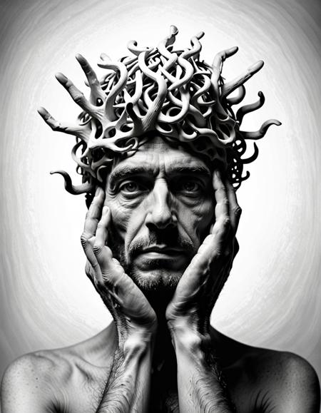 Surreal portrait, human head composed of numerous entwined fingers, rich textures evoking depth, shadowy ambiance highlighting contours, grayscale palette imbuing eerie, mysterious aura, bold "MASTERMIND" caption in stark white, font resonates with stark, enigmatic mood, visual metaphor for complexity, psychological depth, possibly hinting at introspection, intellect, creative thoughts, image strikingly contrasts organic forms with a somber, almost monolithic presence, lighting accentuates finger details, creates an interplay of light and shadow, seamless merging of fingers into head and shoulders suggest unity, an artistic blend of human anatomy with abstract concepts, alluding to themes of identity, mental processes