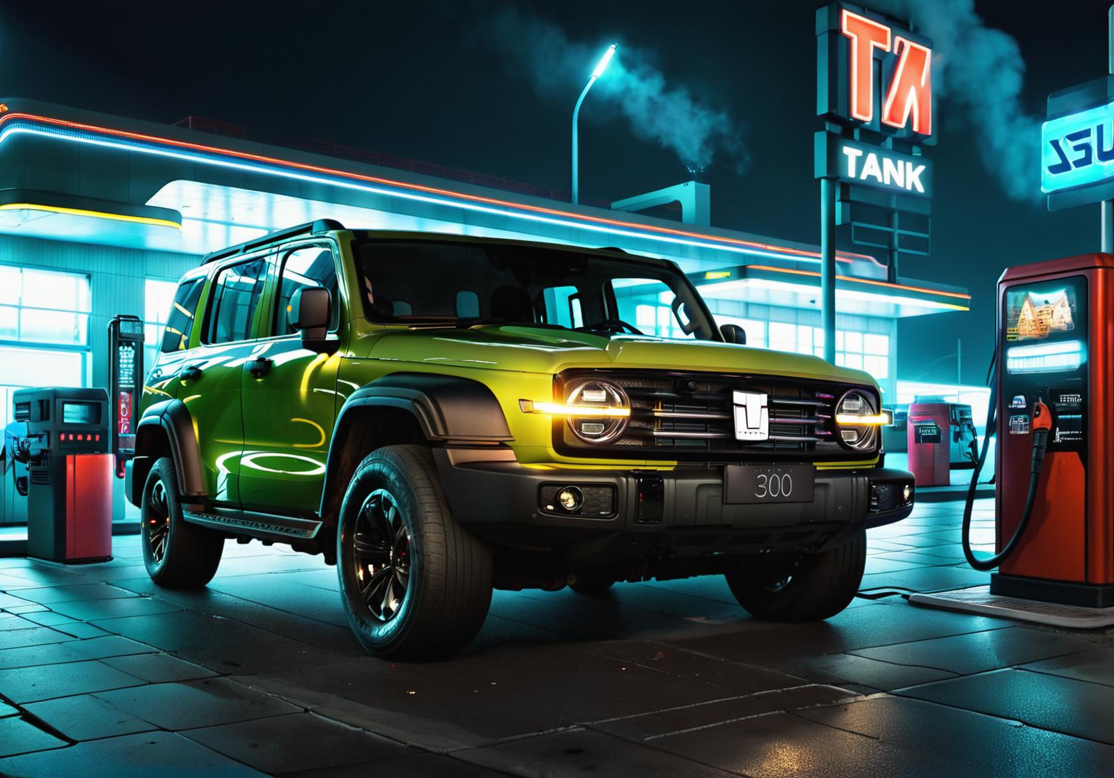 A green truck parked in front of a gas station at night.