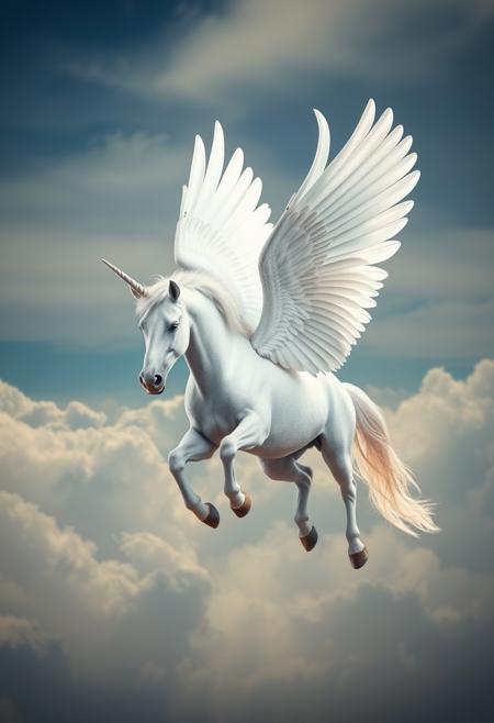 Photographically detailed ultra-realistic flying white unicorn with big white feather wings, background with clouds, dramatic light, 8k, HD