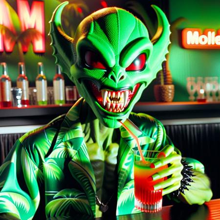 Vampyfangs1. a film still photo. 35mm. 4k. From a 2003 movie. A green vampire alien wearing a hawaiian shirt is showing off his fangs, he is drinking a cocktail at a bar.