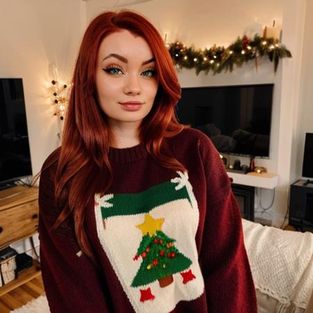 <lora:proxyfoxlol_sd15_512_128_64_v1:1>proxyfoxlol, 1girl red hair, wearing christmas sweater, christmas decoration in background, lit fireplace in background