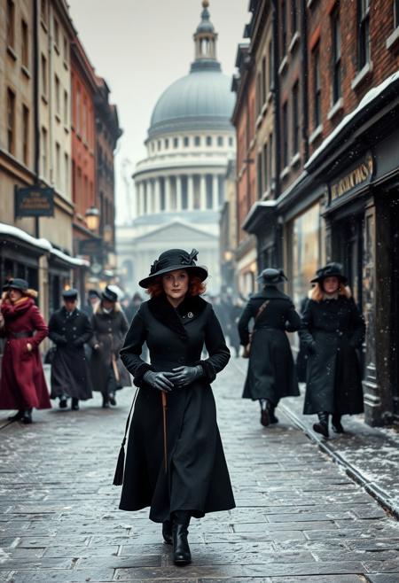 Dickensian London, A street scene from early Victorian London (around St Paul's circa 1843), winter, cold, a few people in Victorian costume, winter clothing, frost, a dark-haired woman aged c35 (authentic Victorian era black dress and hat)  walks towards the viewer ((front view)), detailed view of the City of London in the 19th century, period detail, Victorian, hyperrealistic, 8K resolution.