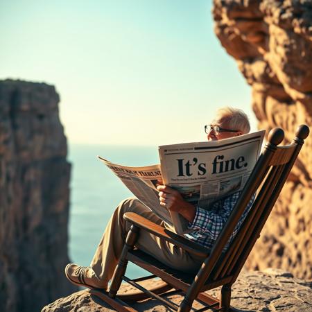 Old man wearing glasses sitting in rocking chair on edge of cliff and reading newspaper with cover title "It's fine", happy, sunny, warm hues, realistic, photorealism, hd, 8k, high definition, score_9, score_8_up, score_7_up, score_6_up,