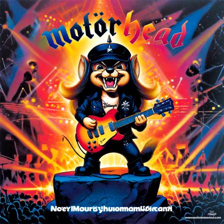 Disney animation style chipmunk (chip) as lemmy from motörhead, playing guitar on a rock concert, motörhead_cover, record cover, ,,. Bright colors, fluid motion, charming characters, wholesome storytelling, hand-drawn animation