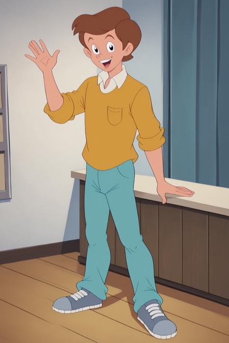 TommySPLXL, retro artstyle, black eyes, brown hair, short hair, male child, pectorals, white collar shirt, yellow shirt, sleeves rolled up, blue pants, grey shoes