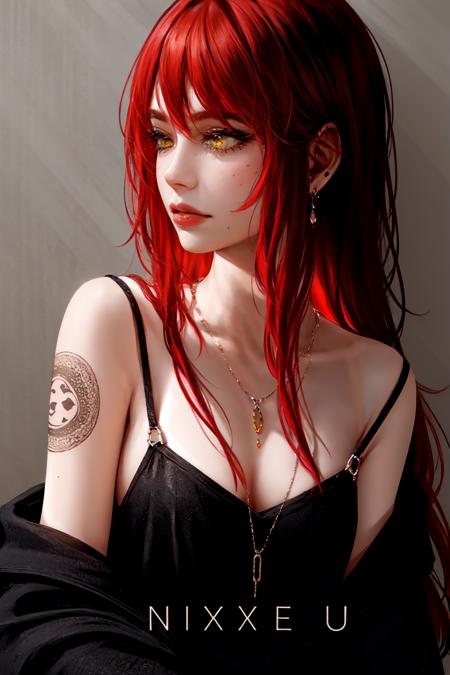 1girl, artist_name, bare_shoulders, black_nails, collarbone, commentary, dark, earrings, fantasy, hair_between_eyes, highres, jewelry, long_hair, looking_away, looking_to_the_side, mole, nail_polish, necklace, nixeu, off_shoulder, original, parted_lips, realistic, red_hair, ring, ringlets, scenery, simple_background, solo, tattoo, upper_body, yellow_eyes