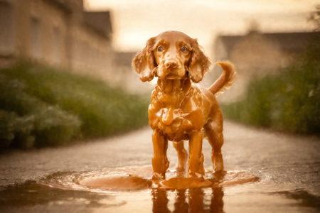 caraf, a cocker wax toy full body made in caramel soap dripping with white caramel with a soft hair coat:1.5, cocker spaniel eyes, its pristine fur dripping with sticky, playfully wading through a glossy, reflective puddle of thick caramel:1.3, golden sauce caramel:1.5, The setting is a deserted cobblestone street at dusk, illuminated by the soft, amber glow of vintage streetlights:1.0, with faint mist swirling around:0.8. The sky is a deep indigo with a dreamlike shimmer, faintly streaked with caramel hues:0.9. Abandoned buildings with cracked facades and ivy-covered walls line the scene:1, their windows catching the light in subtle reflections. Cinematic effects: a gentle lens flare from the streetlights:0.7, a soft depth-of-field blur in the background:0.8, and a rich, painterly texture:0.8. caraf, the cocker spaniel remains the vibrant focal point, its fur hyper-detailed and glistening with caramel:1.5. , ultra-realistic, 8k resolution, dramatic lighting, whimsical yet masterful composition, <lora:caramel gmr lora:1.5>