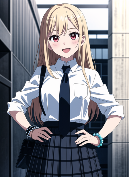 kitagawa marin, 1girl, :d, upper body, bead bracelet, beads, black necktie, blonde hair, blue skirt, blush, bracelet, hand on own hip, jewelry, long hair, looking at viewer, necktie, open mouth, plaid, plaid skirt, red eyes, school uniform, shirt, outdoors, skirt, smile, solo, standing,white background, white shirt, ((masterpiece))