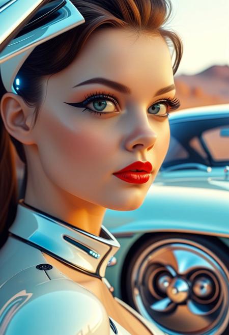 Futuristic electric super car, retro 1960-style  futuristic, girl pinup model standing next to car, masterpiece, 8k,absurdres, intricate details, focus on girl's face, car's shapes continue behind girl,
close to viewer, upper body picture, 
beautypinupart, 1girl, futuristic car,