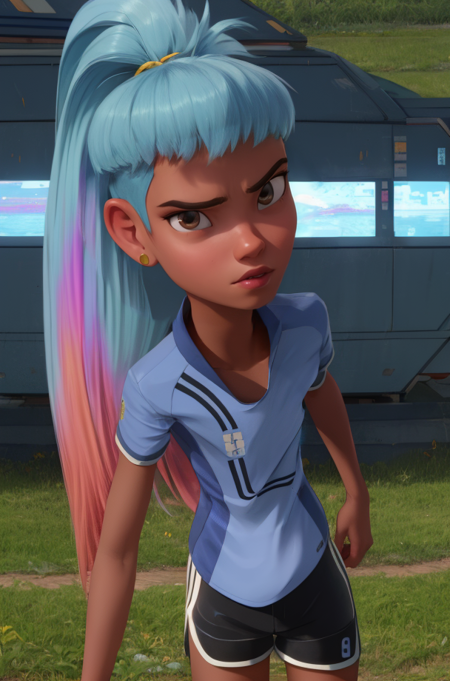 grewod,long hair,earrings,ponytail,multicolored hair,
blue shirt,shorts,sportswear,brown eyes,8,
standing,
science fiction,morning,field,serious,
(insanely detailed, beautiful detailed face,beautiful detailed eyes, masterpiece, best quality),<lora:greenwood:0.7>,