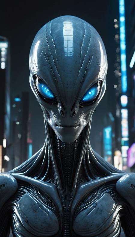 The image features a futuristic, an alien with blue eyes, standing in a dark environment. The alien has a unique design, with a large head and a prominent spine. The scene appears to be set in a futuristic city, with the alien being the main focus of the image. The overall atmosphere of the image is mysterious and intriguing, as it showcases an alien creature with advanced technology and a striking appearance.,  <lora:add-detail-xl:1>