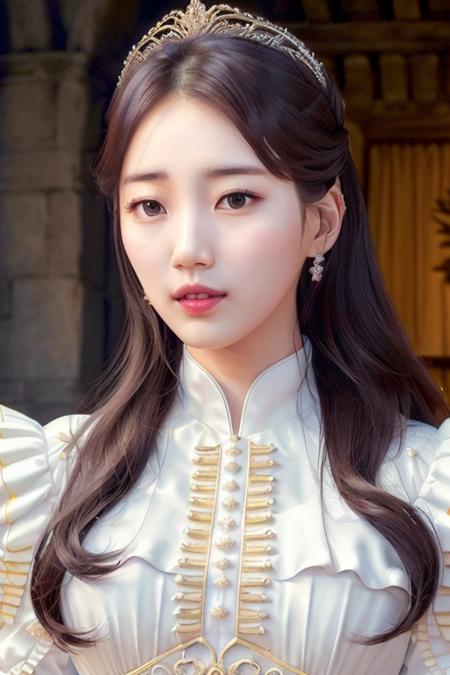 a baesuzy, perfect eyes, royal dress, angel wings, crown, (ultra realistic:1.5), (standing on castle garden:1.2), (close-up photo:1.4), (masterpiece:1.5), (intricate:1.5), (looking at camera:1.5), (best quality:1.5), <lora:baesuzy-v2-sh:1>