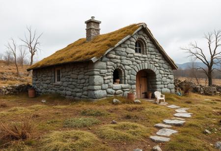 stone house realistic style, merging with the environment, dug into the ground on scats