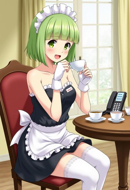artstyle of Yoshiyuki Sadamoto, anime, light green hair, green eyes, bob cut, blunt bangs, maid, strapless dress, cleavage, medium breasts, detached collar, wrist cuffs, sitting down, crossed legs, lace thighhighs, skindentation, Mary Janes, nervous laugh, looking away, mansion interior, drinking tea, sitting next to a table, phone on the table that says "Give Monet some buzz!!" on the screen, nametag that says "Monet Einsley" on her clothes