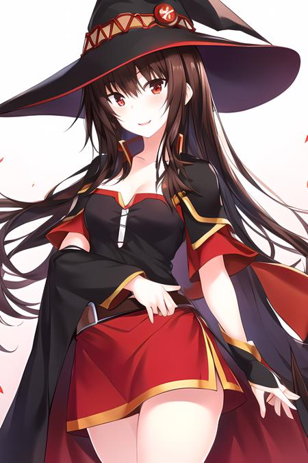 majikoi, 1girl, masterpiece, best quality, megumin, black hat, witch hat, red dress, black cape, <lora:MajikoiStyle:1>