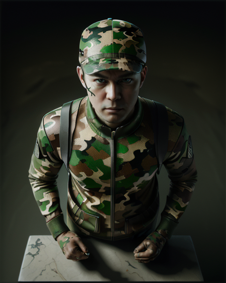 Kintsugi, angle from above of a ral-camo, in a Videogame setting, dressed in [Candid:Mind-Bending:9] ral-camo, Amusing, short lighting, <lora:ral-camo-sd15:1.2>, handsome, pure, grand illumination, cinematic atmosphere, dynamic dramatic composition, luxury, badge, advanced cinematic perfect light