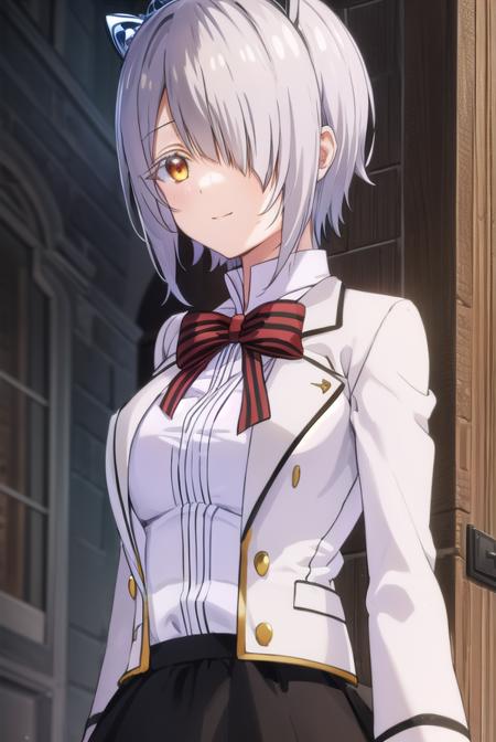 chartreuxwestia, <lora:chartreux westia s1-lora-nochekaiser:1>,
chartreux westia, short hair, bangs, (yellow eyes:1.3), grey hair, (hair over one eye:1.5), smile,
BREAK skirt, shirt, bow, school uniform, jacket, white shirt, striped, bowtie, black skirt, red bow, white jacket, tiara, striped bow,
BREAK indoors, classroom,
BREAK looking at viewer, (cowboy shot:1.5),
BREAK <lyco:GoodHands-beta2:1>, (masterpiece:1.2), best quality, high resolution, unity 8k wallpaper, (illustration:0.8), (beautiful detailed eyes:1.6), extremely detailed face, perfect lighting, extremely detailed CG, (perfect hands, perfect anatomy),