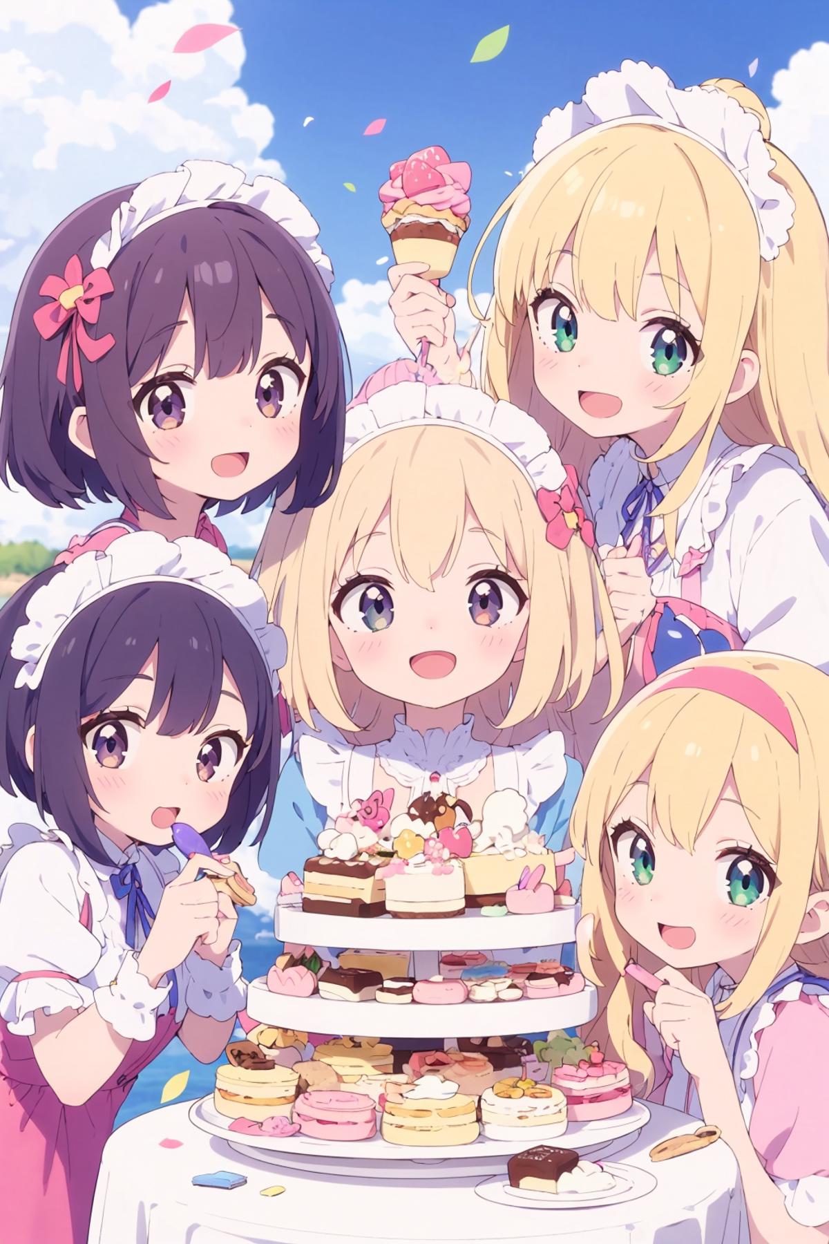 A group of smiling anime girls with ties are standing around a cake.