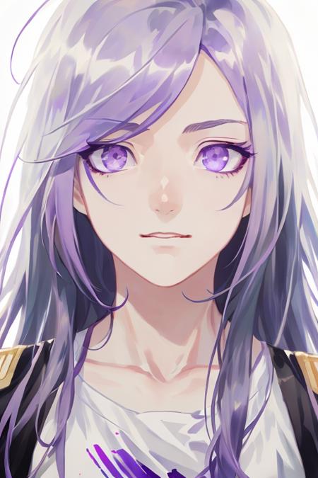 painting \(medium\),face,anime,(1girl),white|purple|blue hair,white|white|purple eyes,detailed_eyes,white shirt,white background,best quality,upper body,masterpiece<lora:rei_17-v2-000009:1>