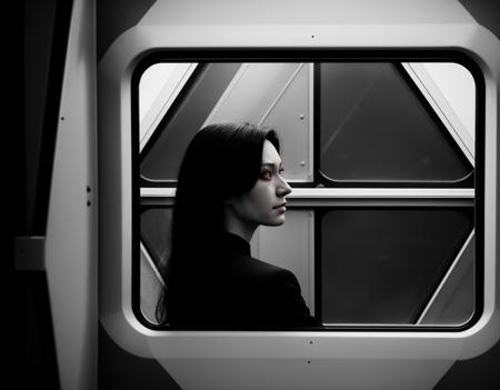 three cornered window, back of head shot of (woman looking out of triangle window:1.1), 3rd person, Looking out the triangular window of a (train:1.1) with triangular windows, triangular windows and triangular, wheels,  in a fantasy world, 
psychedelic, geometric, vivid light, high contrast, triadic colors, dark shadows,  explosions, nuclear mushroom cloud, nuclear explosion, dystopian nightmare, 
(beautiful composition),
21 yo woman,